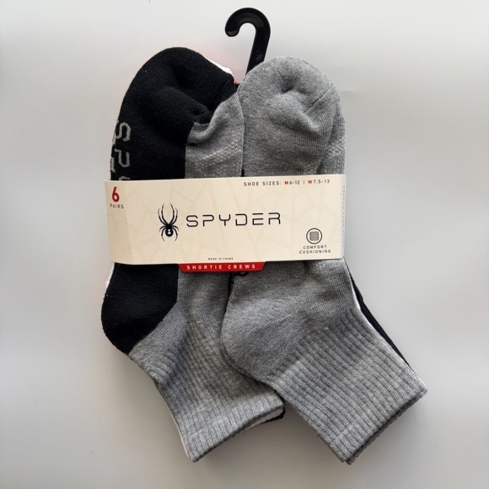 Spyder men’s shortie crew socks 6 pack size 6-12 black gray white red